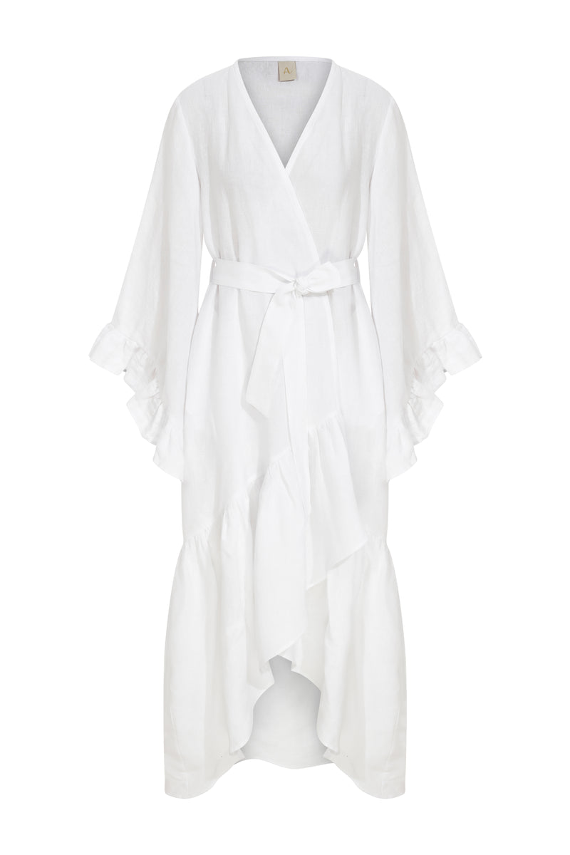 Lily Long Linen Robe with Ruffles